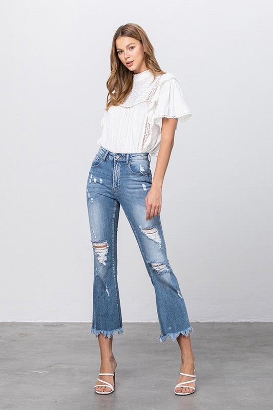 Stretch Mid Rise Crop Flare Jeans    