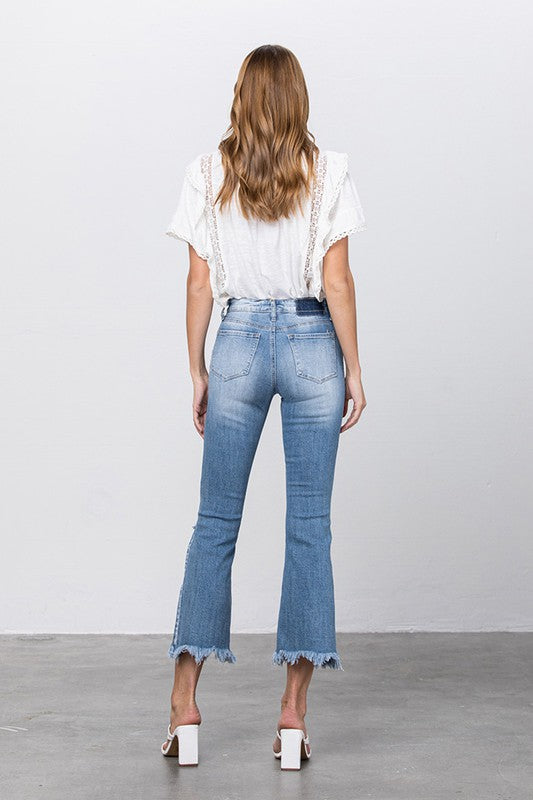 Stretch Mid Rise Crop Flare Jeans    