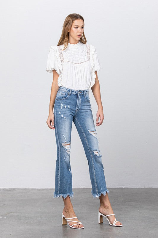 Stretch Mid Rise Crop Flare Jeans    