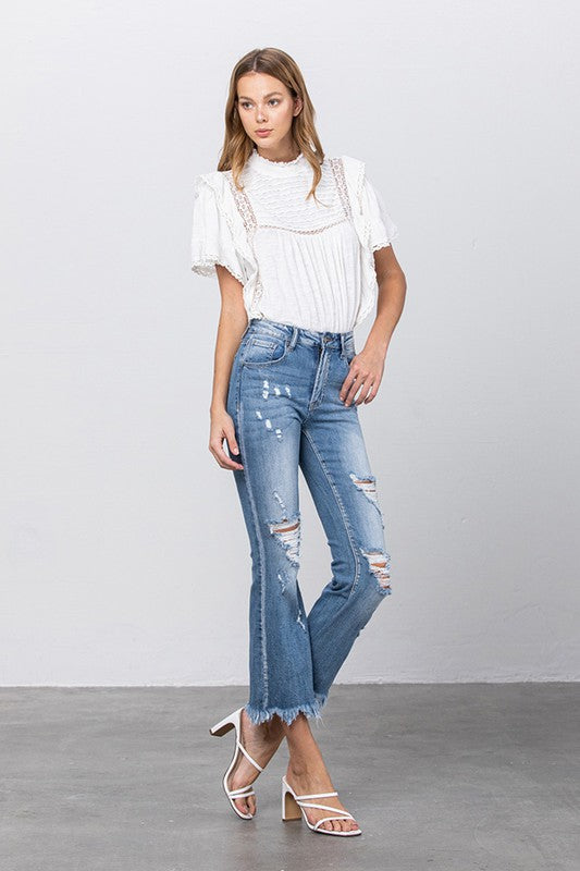 Stretch Mid Rise Crop Flare Jeans    