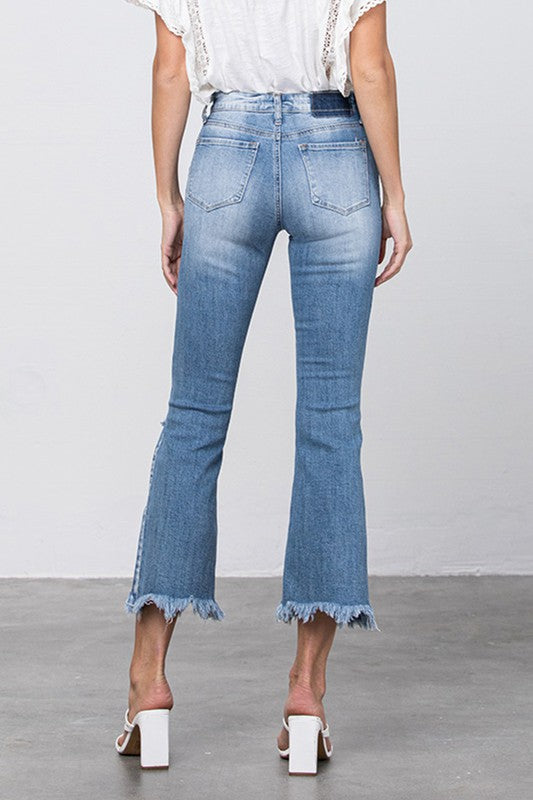 Stretch Mid Rise Crop Flare Jeans    