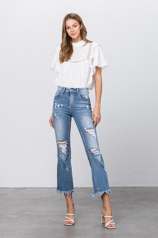 Stretch Mid Rise Crop Flare Jeans    