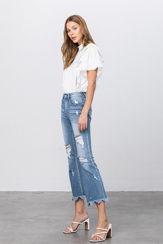 Stretch Mid Rise Crop Flare Jeans    