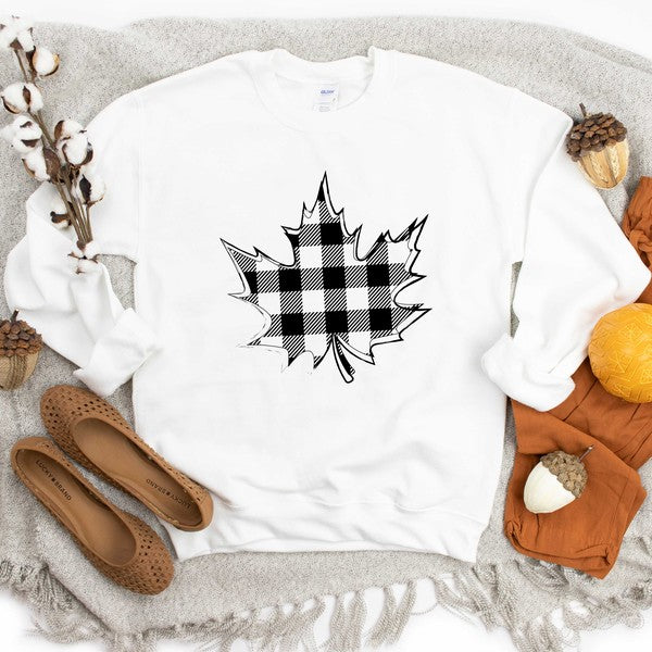 Buffalo Plaid Leaf Sweatshirt  White Small 