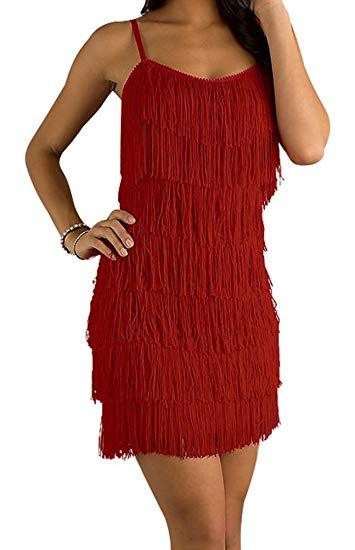 WOMEN'S SHORT ALL-OVER FRINGE FLAPPER DRESS Fringe Flapper Dress Red S 