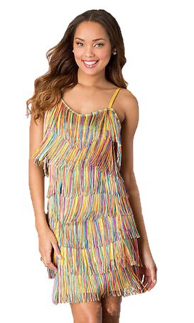 WOMEN'S SHORT ALL-OVER FRINGE FLAPPER DRESS Fringe Flapper Dress Rainbow Multi S 