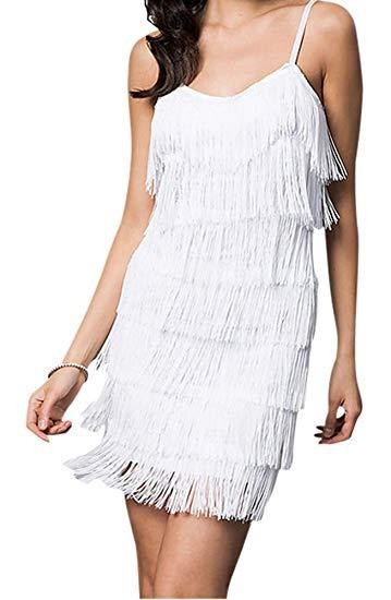 WOMEN'S SHORT ALL-OVER FRINGE FLAPPER DRESS Fringe Flapper Dress White S 