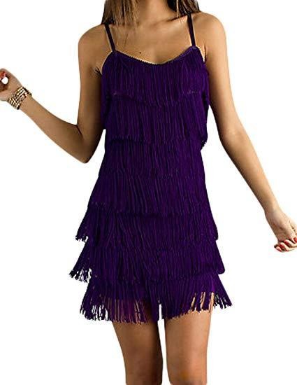 WOMEN'S SHORT ALL-OVER FRINGE FLAPPER DRESS Fringe Flapper Dress Purple S 