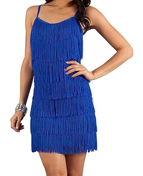 WOMEN'S SHORT ALL-OVER FRINGE FLAPPER DRESS Fringe Flapper Dress Royal Blue S 