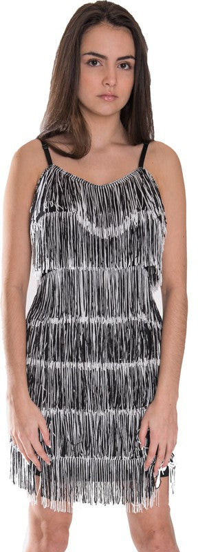 WOMEN'S SHORT ALL-OVER FRINGE FLAPPER DRESS Fringe Flapper Dress White n Black S 