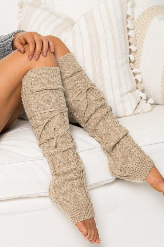 Cable Knit Long Tie Leg Warmer - Three Mad Hatters Mercantile 