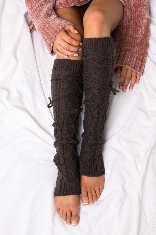 Cable Knit Long Tie Leg Warmer Cable Knit Leg Warmers Charcoal OneSize 