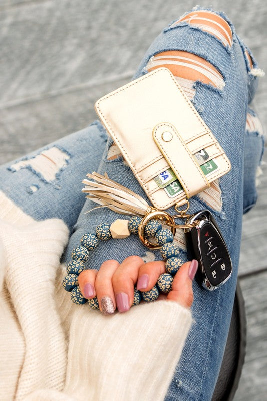 Leopard Beaded Key Ring Wallet Bracelet keyring wallet Indigo/Chamgagne OneSize 