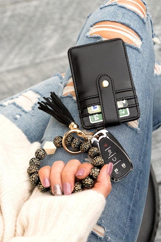 Leopard Beaded Key Ring Wallet Bracelet - Three Mad Hatters Mercantile 