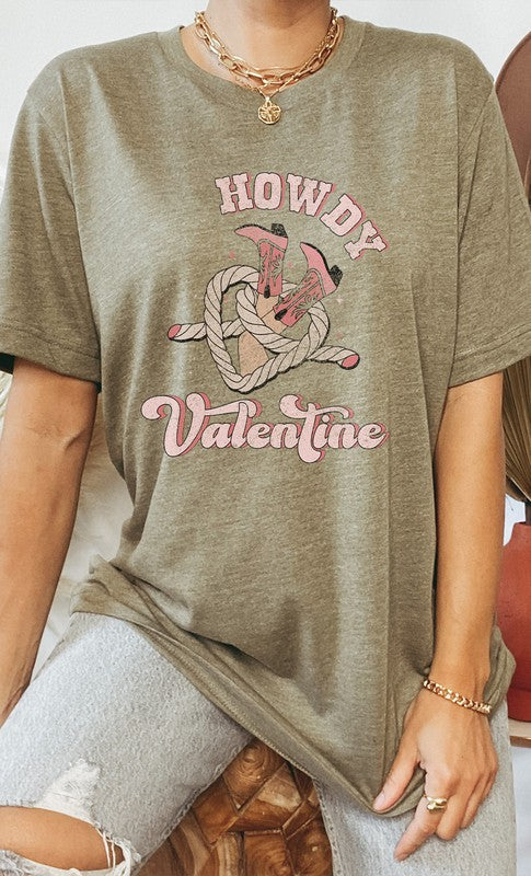 Howdy Valentine Cowboy Boots Graphic Tee T- Shirt Heather Olive S 