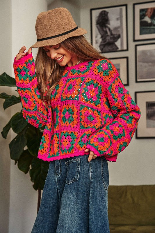 Crochet Patchwork Round Neck Pullover Sweater Top Sweater   