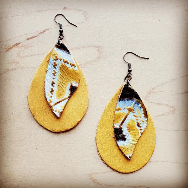 Leather Teardrop Mustard Earring w/ Navajo Accent leather earrings yellow 1 