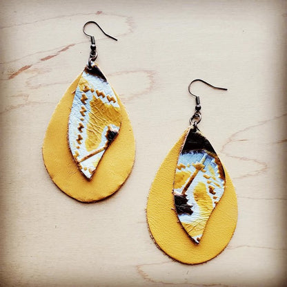 Leather Teardrop Mustard Earring w/ Navajo Accent leather earrings yellow 1 