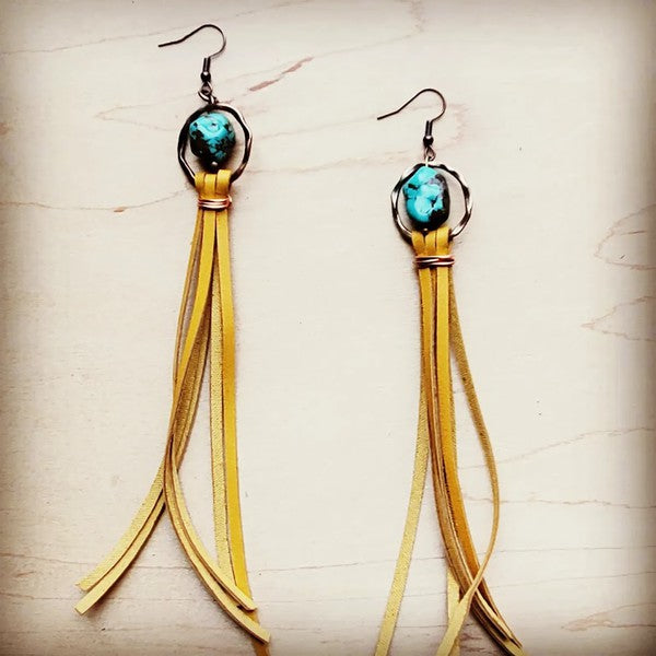 Turquoise Drop Earring with Leather Tassel Mustard Turquoise Earrings yellow 1 