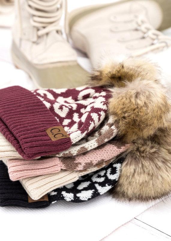 Leopard Fur Pom Beanie Beanie   