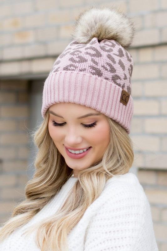 Leopard Fur Pom Beanie Beanie Rose OneSize 