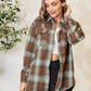 Double Take Plaid Dropped Shoulder Shirt Long Sleeve Shirt Olive Brown XL 