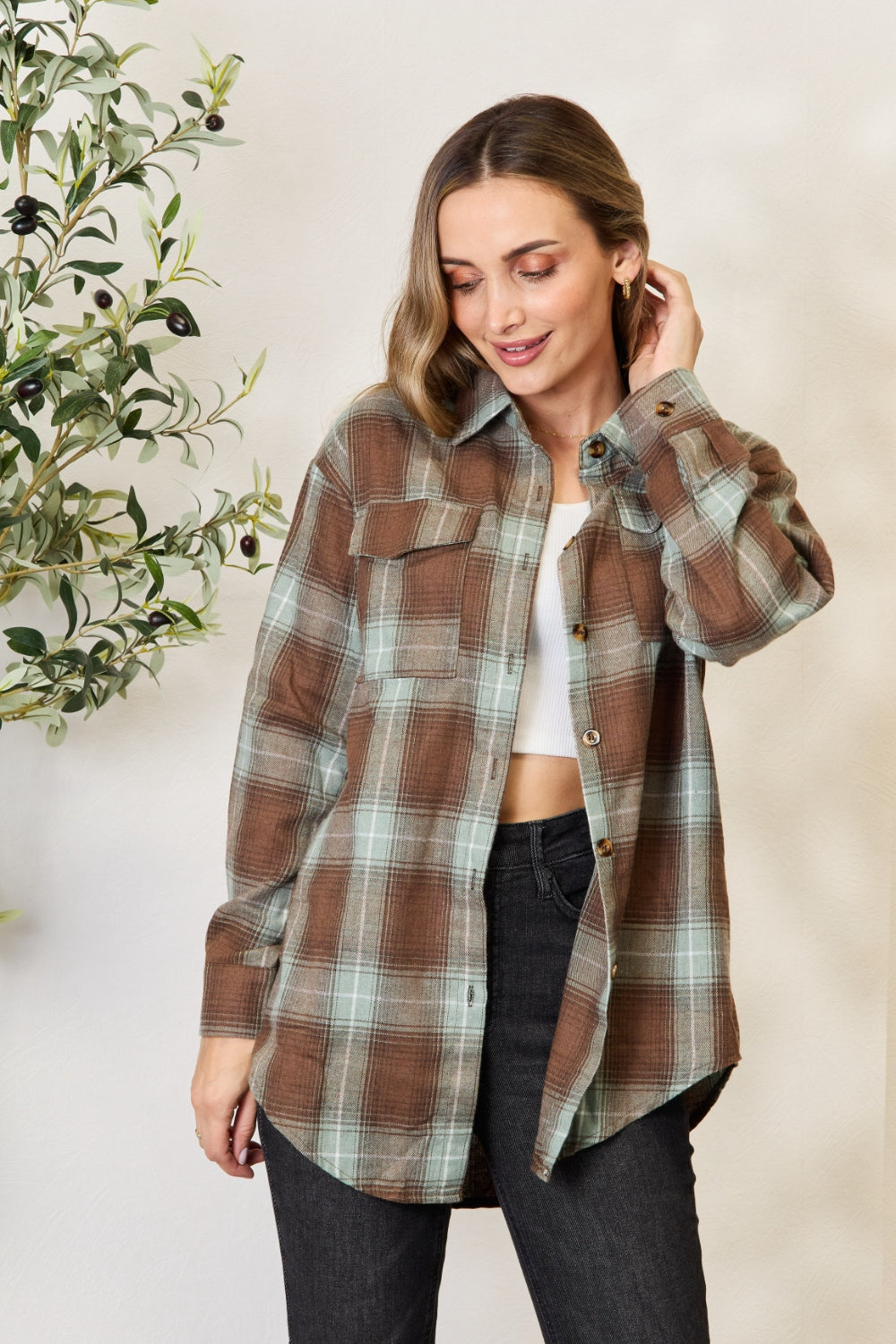 Double Take Plaid Dropped Shoulder Shirt Long Sleeve Shirt Olive Brown XL 