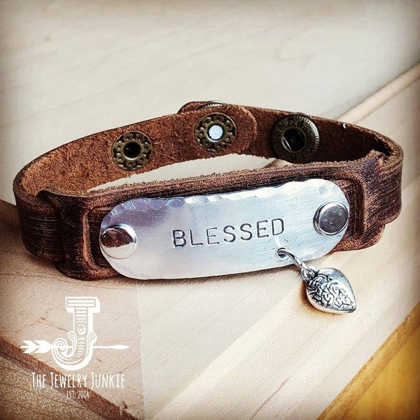 Blessed Hand Stamped Leather Cuff Leather Cuff Bracelet brown 1 