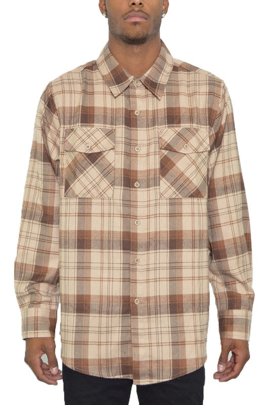 Checker Plaid Flannel Long Sleeve Mens Long Sleeve Shirt BROWN KHAKI 2XL 