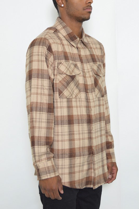 Checker Plaid Flannel Long Sleeve Mens Long Sleeve Shirt   