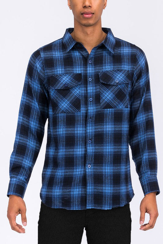 Checker Plaid Flannel Long Sleeve Mens Long Sleeve Shirt NAVY SKY 2XL 