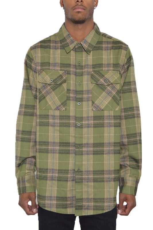 Checker Plaid Flannel Long Sleeve Mens Long Sleeve Shirt OLIVE SAND 2XL 