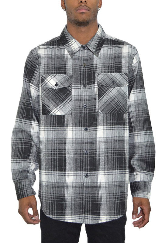 Checker Plaid Flannel Long Sleeve Mens Long Sleeve Shirt BLACK GREY 2XL 