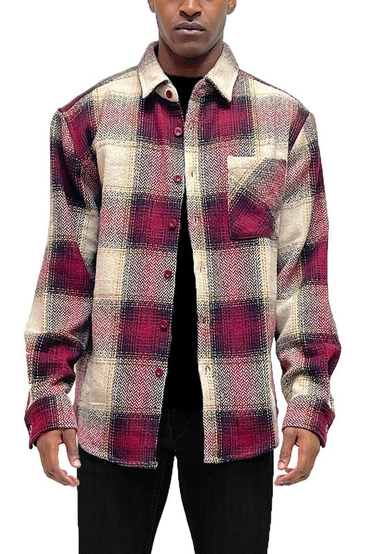 Checkered Plaid Flannel Shirt Jacket Mens Long Sleeve Shirt BURGUNDY 2XL 