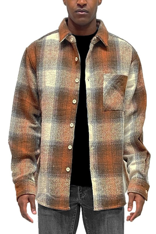 Checkered Plaid Flannel Shirt Jacket Mens Long Sleeve Shirt SAND 2XL 