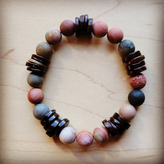 Frosted PIcasso Jasper and Wood Stretch Bracelet Plcasso Jasper Bracelet pink 1 