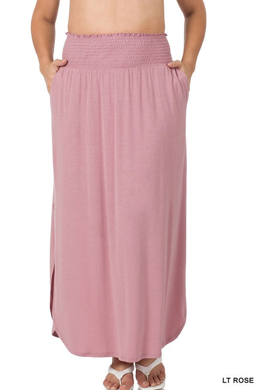 Plus Smocked Waist Side Slit Maxi Skirt w/ Pockets Maxi Skirt LT ROSE 1X 