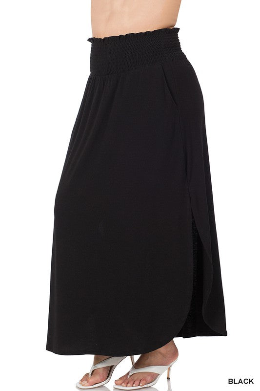 Plus Smocked Waist Side Slit Maxi Skirt w/ Pockets Maxi Skirt BLACK 1X 