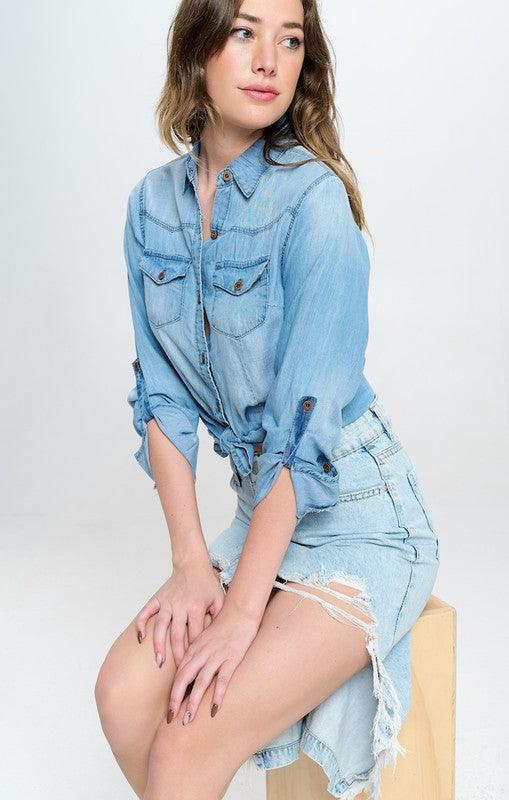Rebel Chic: Front Destroyed Denim Skirt - Three Mad Hatters Mercantile 