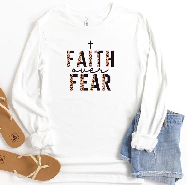 Faith Over Fear Leopard Long Sleeve Tee graphic t-shirt White S 