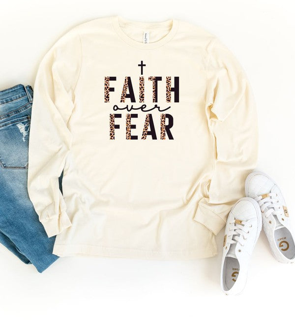 Faith Over Fear Leopard Long Sleeve Tee graphic t-shirt Cream S 