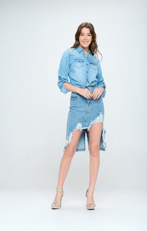 FRONT DESTROYED DENIM SKIRT Denim Skirt   