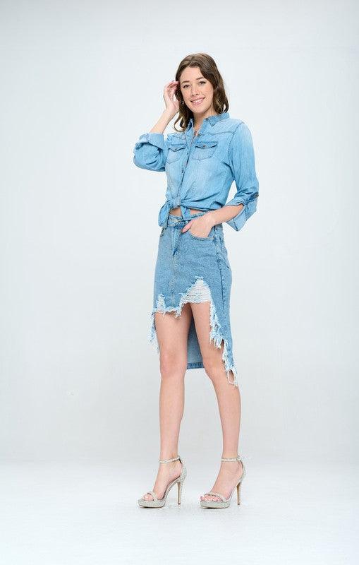 Rebel Chic: Front Destroyed Denim Skirt - Three Mad Hatters Mercantile 