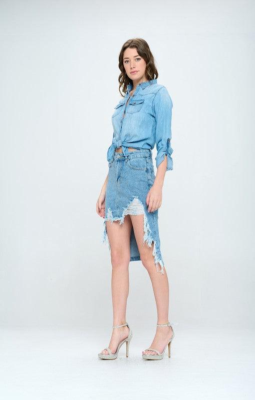 Rebel Chic: Front Destroyed Denim Skirt - Three Mad Hatters Mercantile 