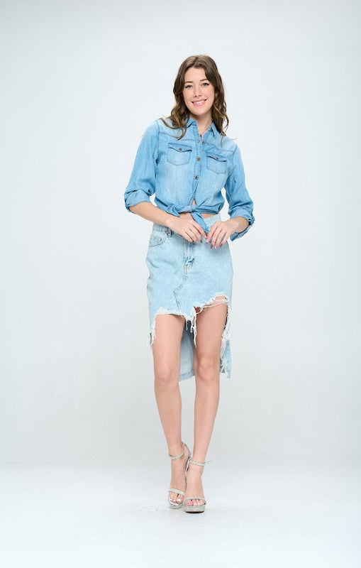 FRONT DESTROYED DENIM SKIRT Denim Skirt   