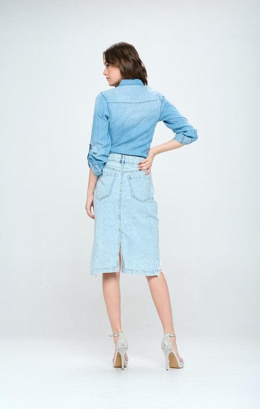 Rebel Chic: Front Destroyed Denim Skirt - Three Mad Hatters Mercantile 