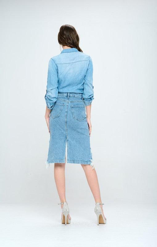 Rebel Chic: Front Destroyed Denim Skirt - Three Mad Hatters Mercantile 