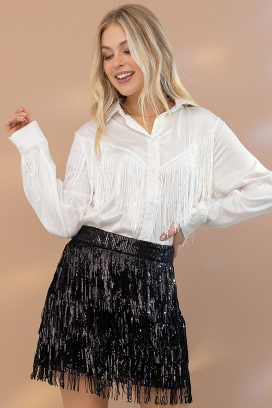 Satin Shirt Blouse with Chevron Fringe Long Sleeve Blouse   