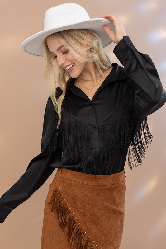 Satin Shirt Blouse with Chevron Fringe Long Sleeve Blouse   