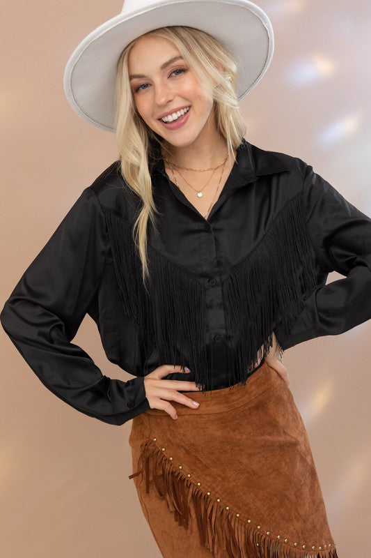 Satin Shirt Blouse with Chevron Fringe Long Sleeve Blouse Black S 